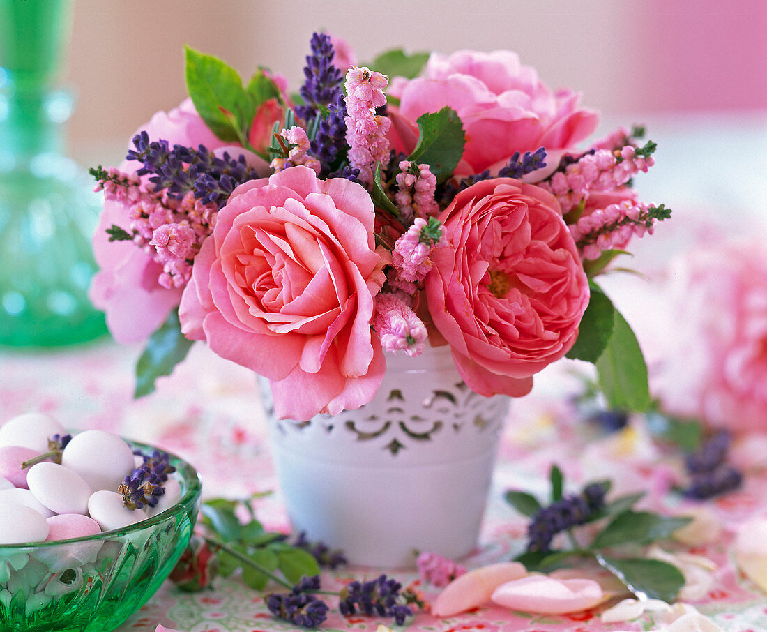 Pink (rose), pink Calluna (heather)