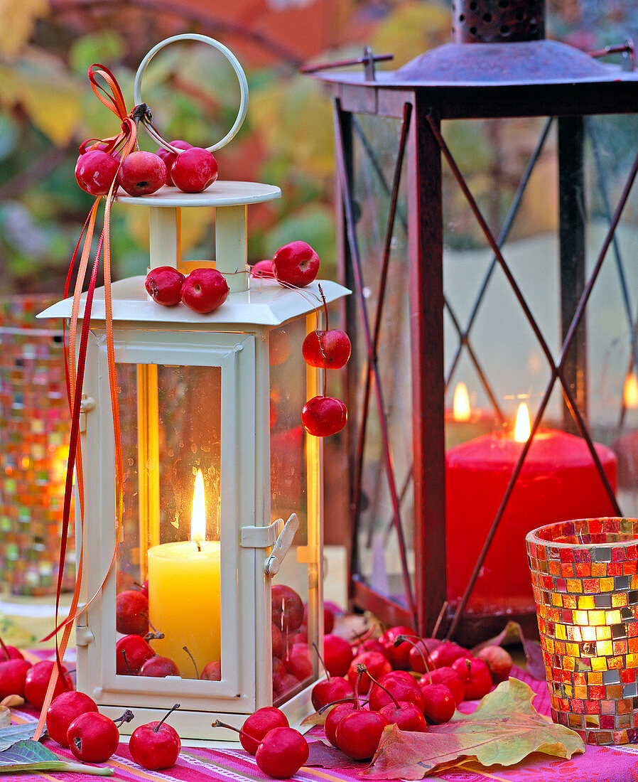 Laternen mit Kerzen, dekoriert mit Malus (Zieräpfel)