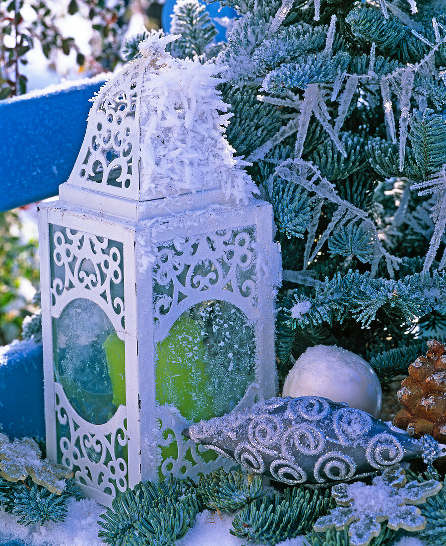 weiße Laterne mit Ornamenten und grüner Kerze im Rauhreif