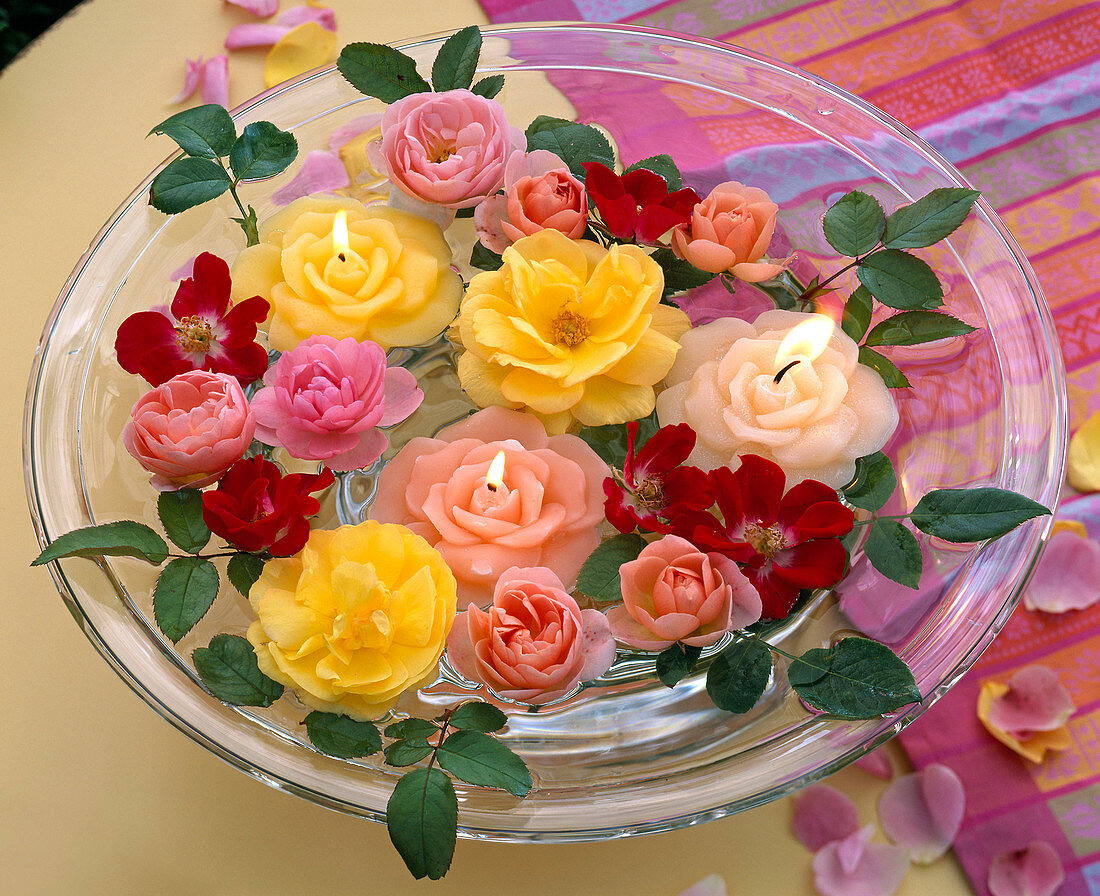 Rose blossoms, flower candles floating in glass bowl
