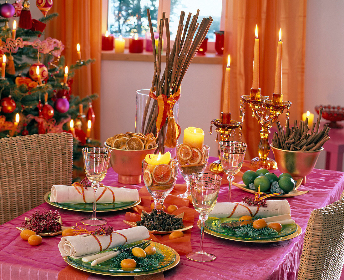 Table decoration with spices like cinnamon sticks, star anise