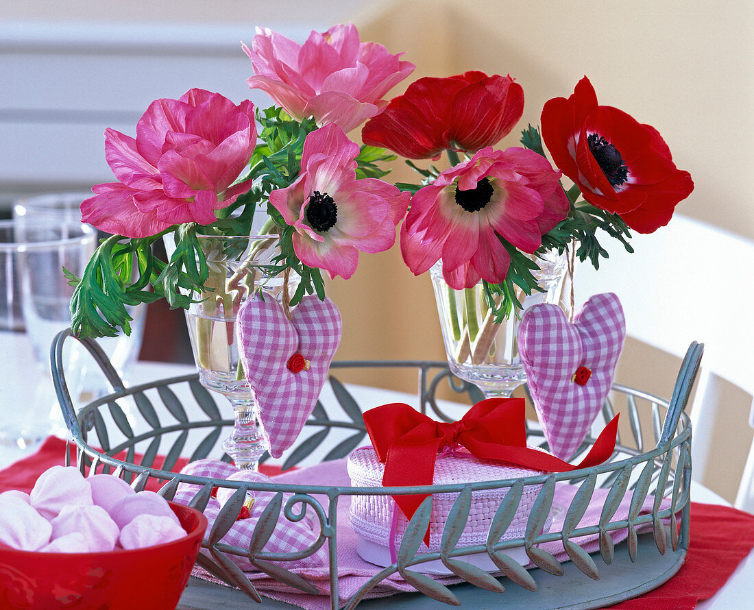 Anemone flowers in wine glasses, checkered fabric hearts