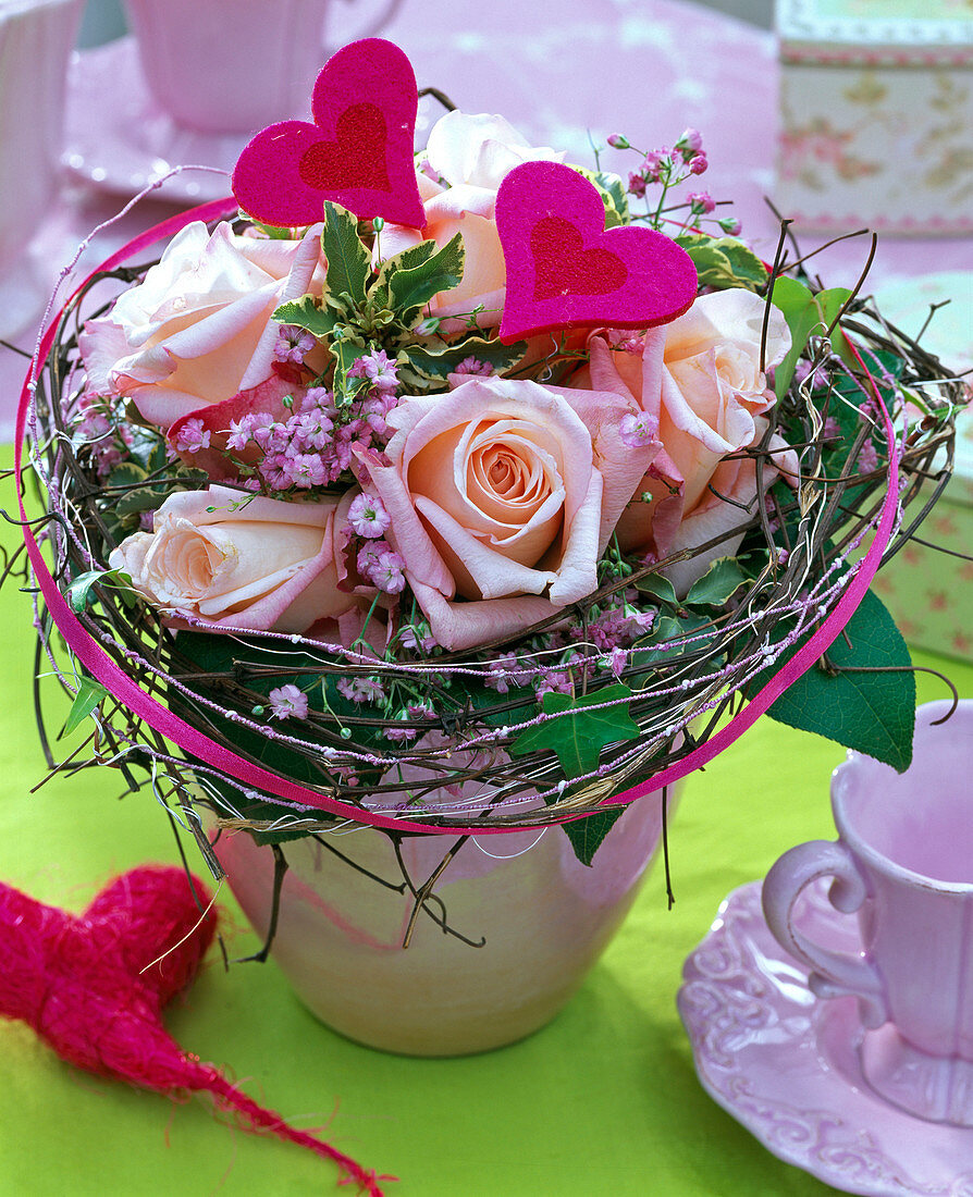 Bouquet of pink (rose), gypsophila (gypsophila), Pittosporum