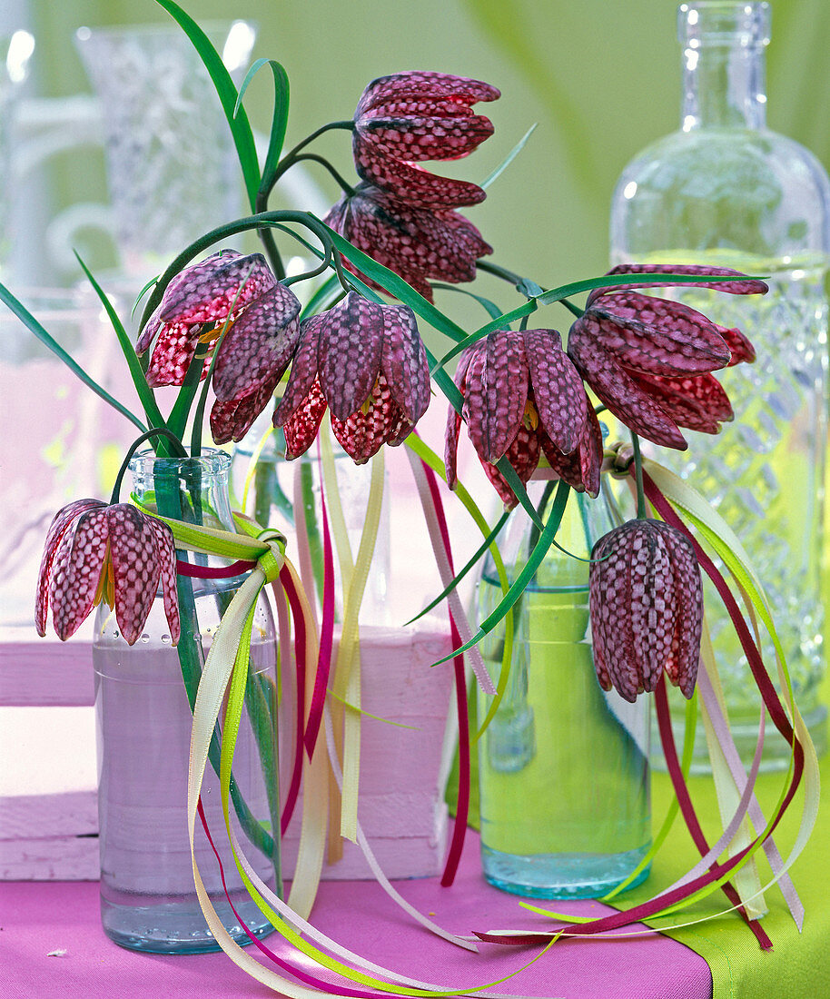 Sträuße aus Fritillaria (Schachbrettblume) in kleinen Glasflaschen