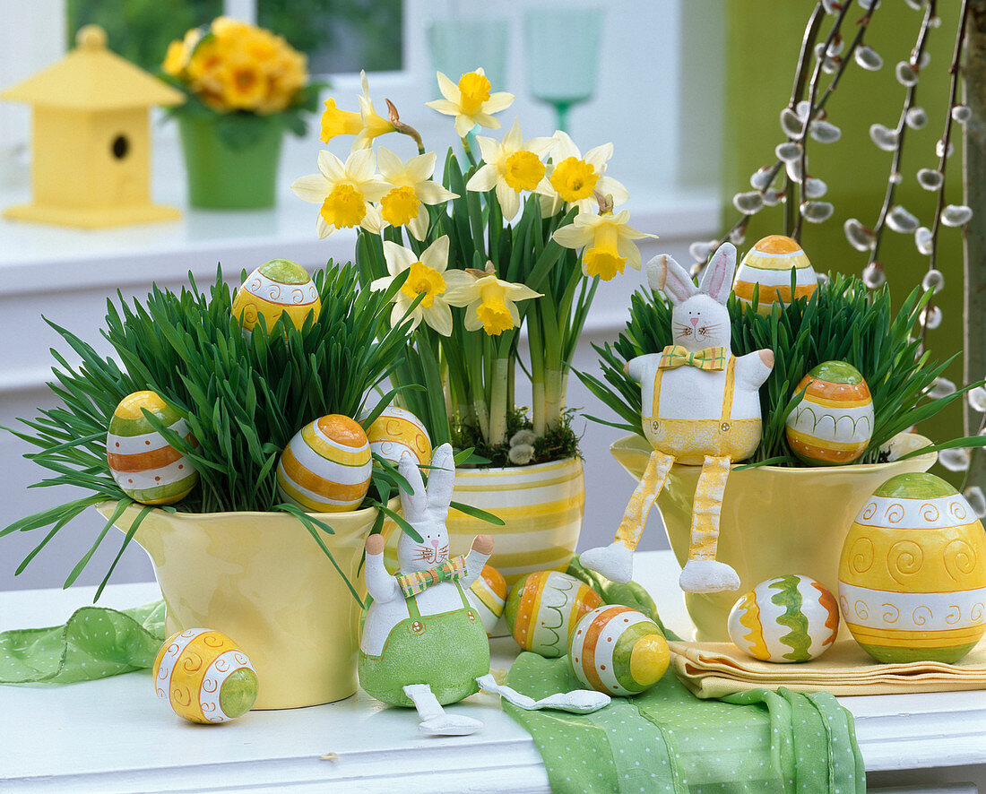 Triticum (Weizen), Narcissus (Narzissen), dekoriert mit Ostereiern