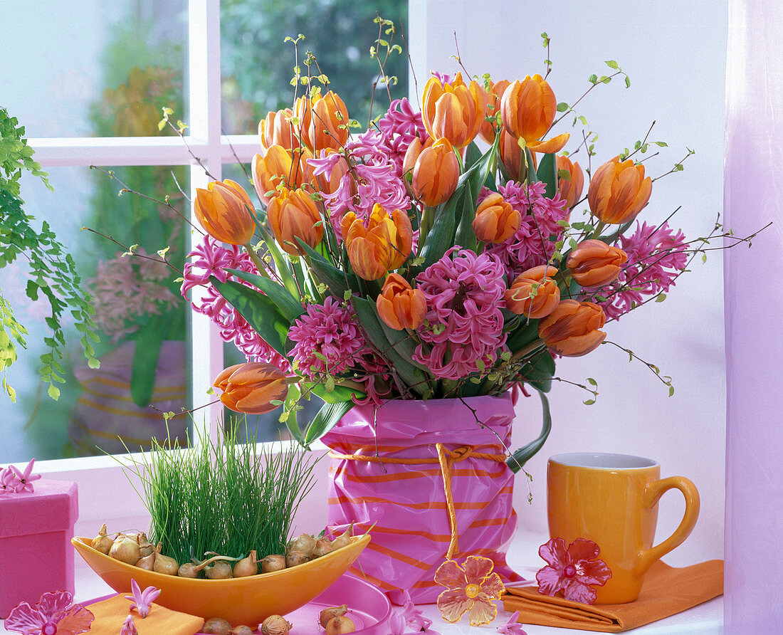 Bouquet with Tulipa, Hyacinthus, Betula branches