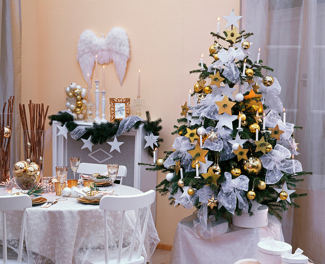 Weihnachtszimmer in weiß und gold mit Abies nordmanniana (Nordmanntanne)