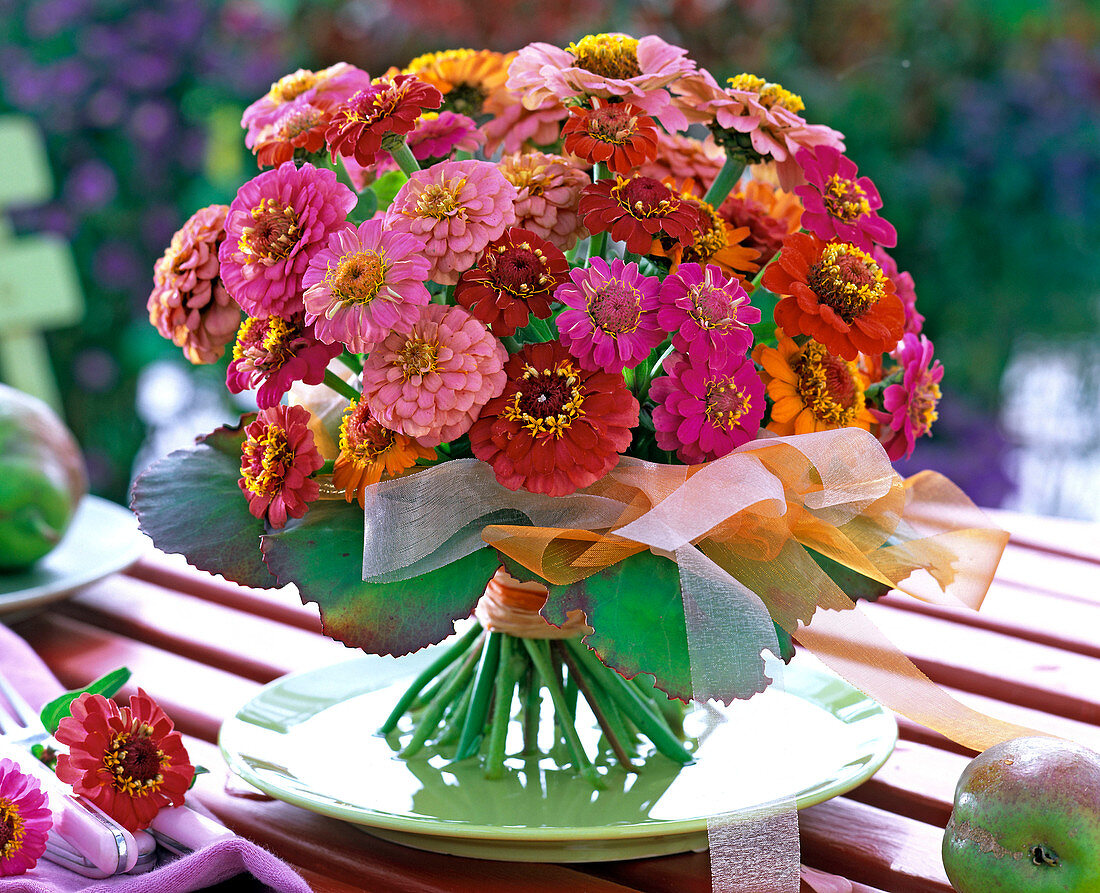 Colorful summer bouquet with zinnias