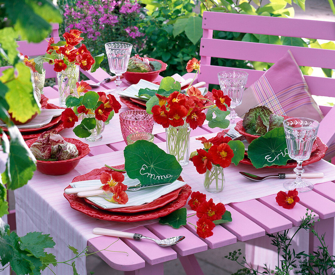 Table decoration with red Tropaeolum (nasturtium)