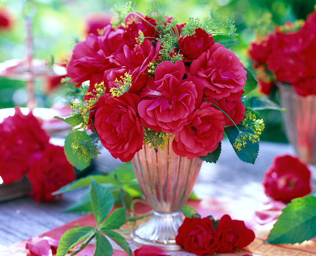 Strauß aus roten Rosa (Rosen), Foeniculum (Fenchel) in silbernem Pokal