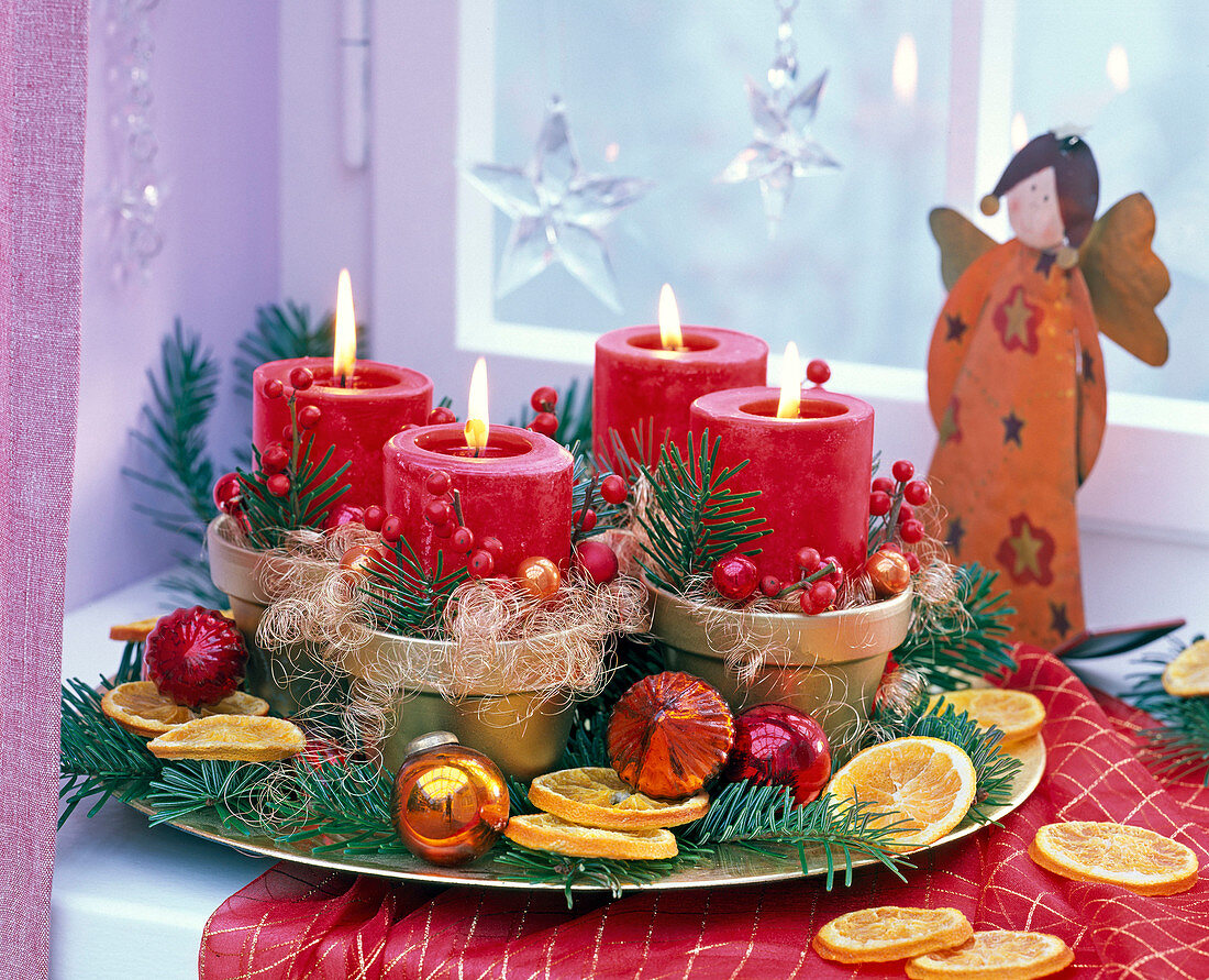 Advent wreath with red candles and pseudotsuga, citrus
