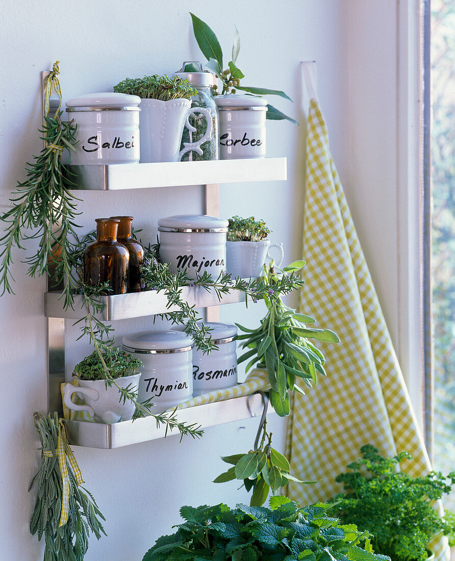 Wall shelf with herbal tins and bouquets, cups with cress