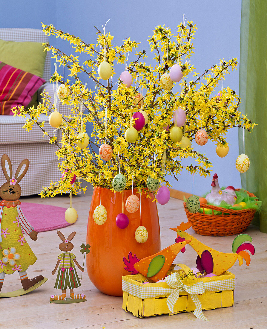 Strauß aus Forsythia (Goldglöckchen) in oranger Vase geschmückt