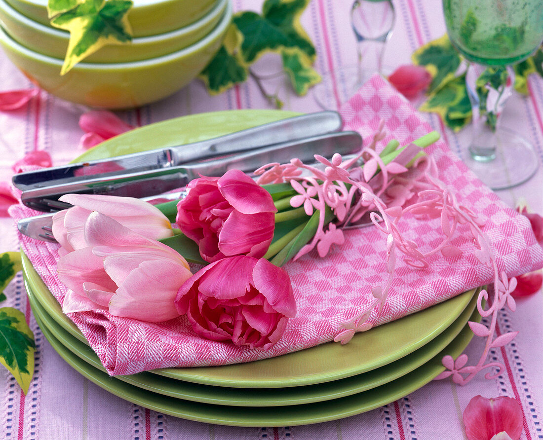 Tulipa (Tulpen) mit Blumenband gebündelt auf rosa Serviette,