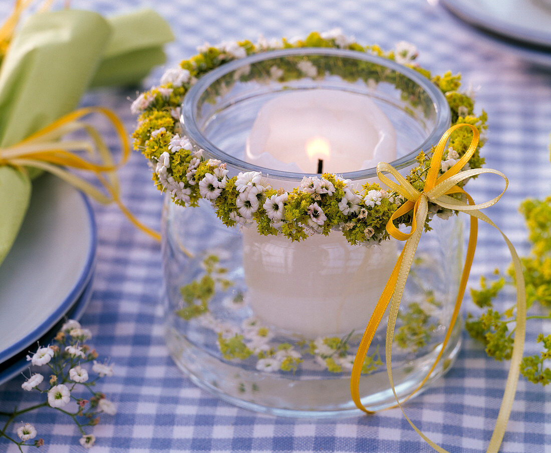 Gypsophila lady's mantle wreath around lantern