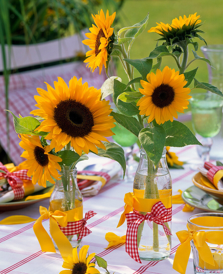 Helianthus in small glass bottles with bows