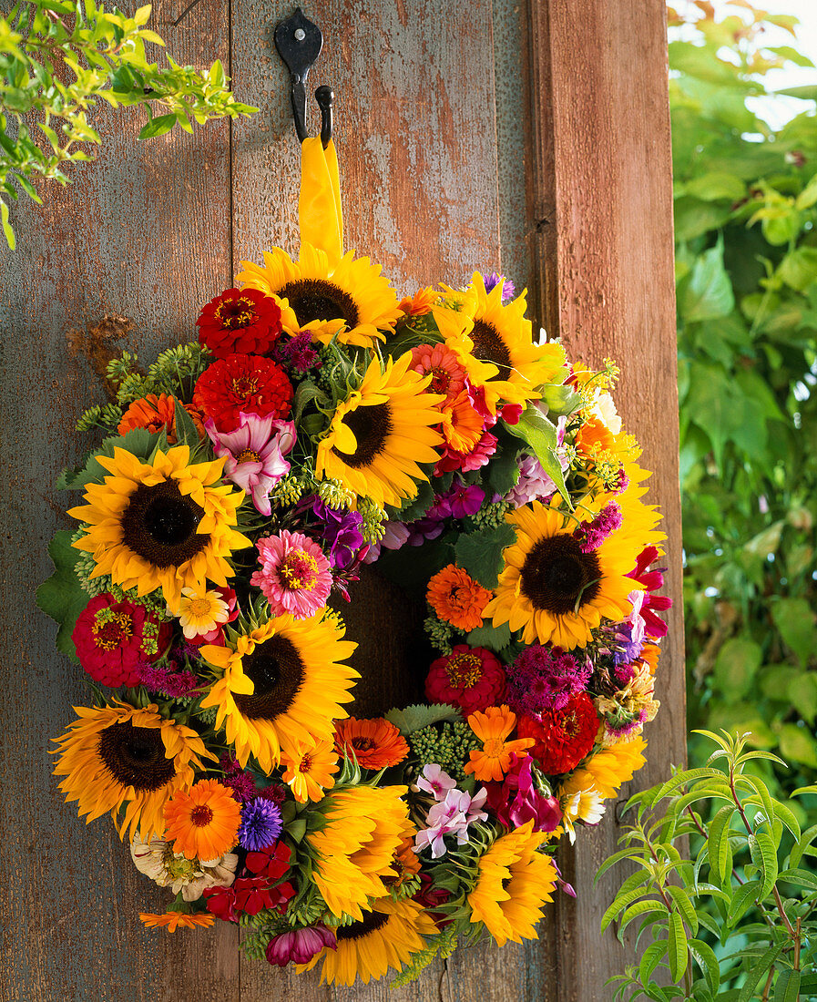 Kranz aus Helianthus (Sonnenblumen), Zinnia (Zinnien), Centaurea (Kornblume)