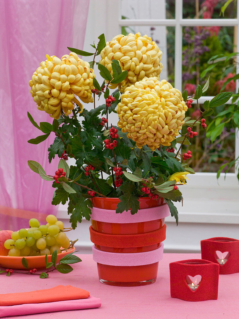 Chrysanthemum decorated with branches