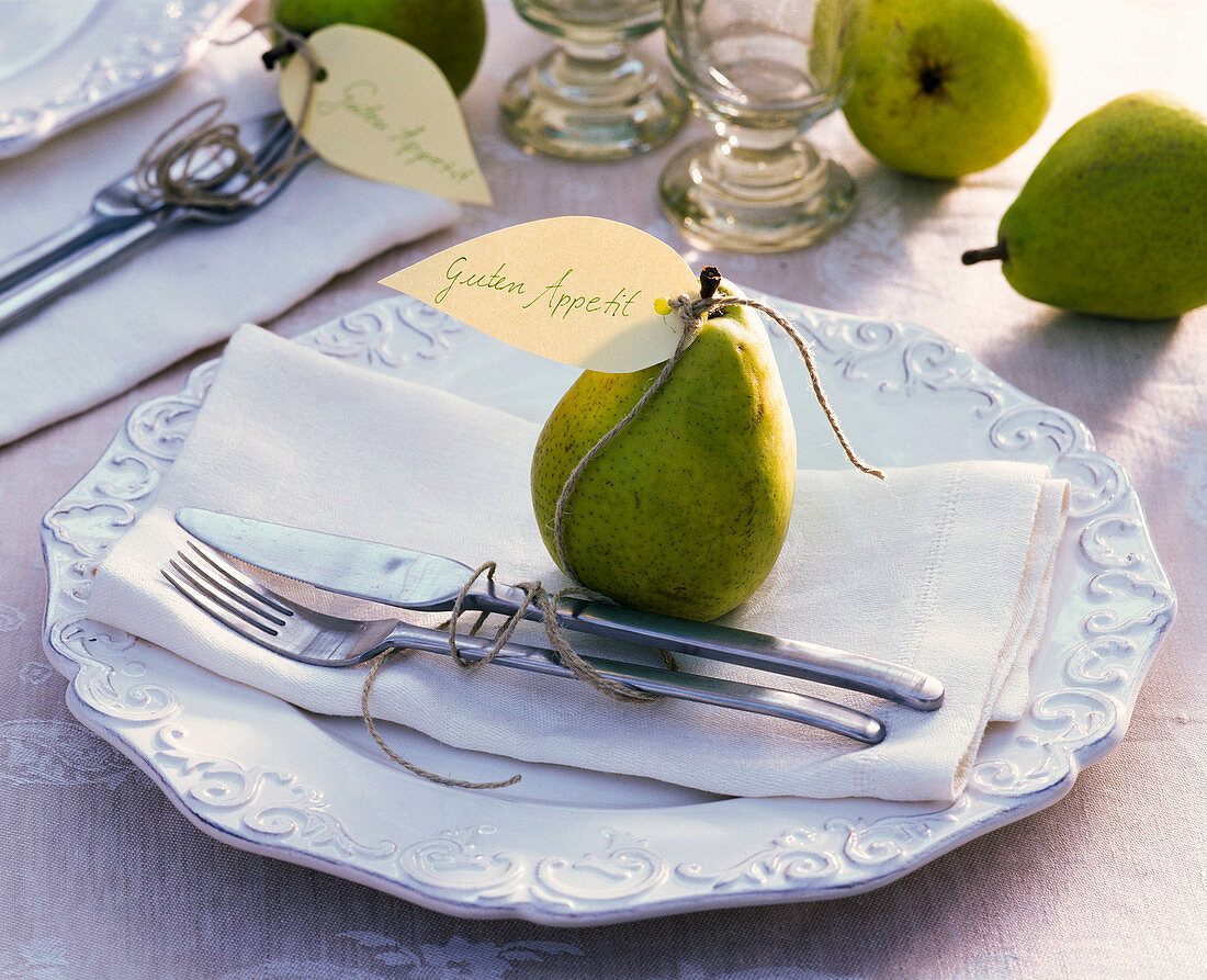 Pyrus with sign 'Bon appetit' on napkin, cutlery, Reliefeller
