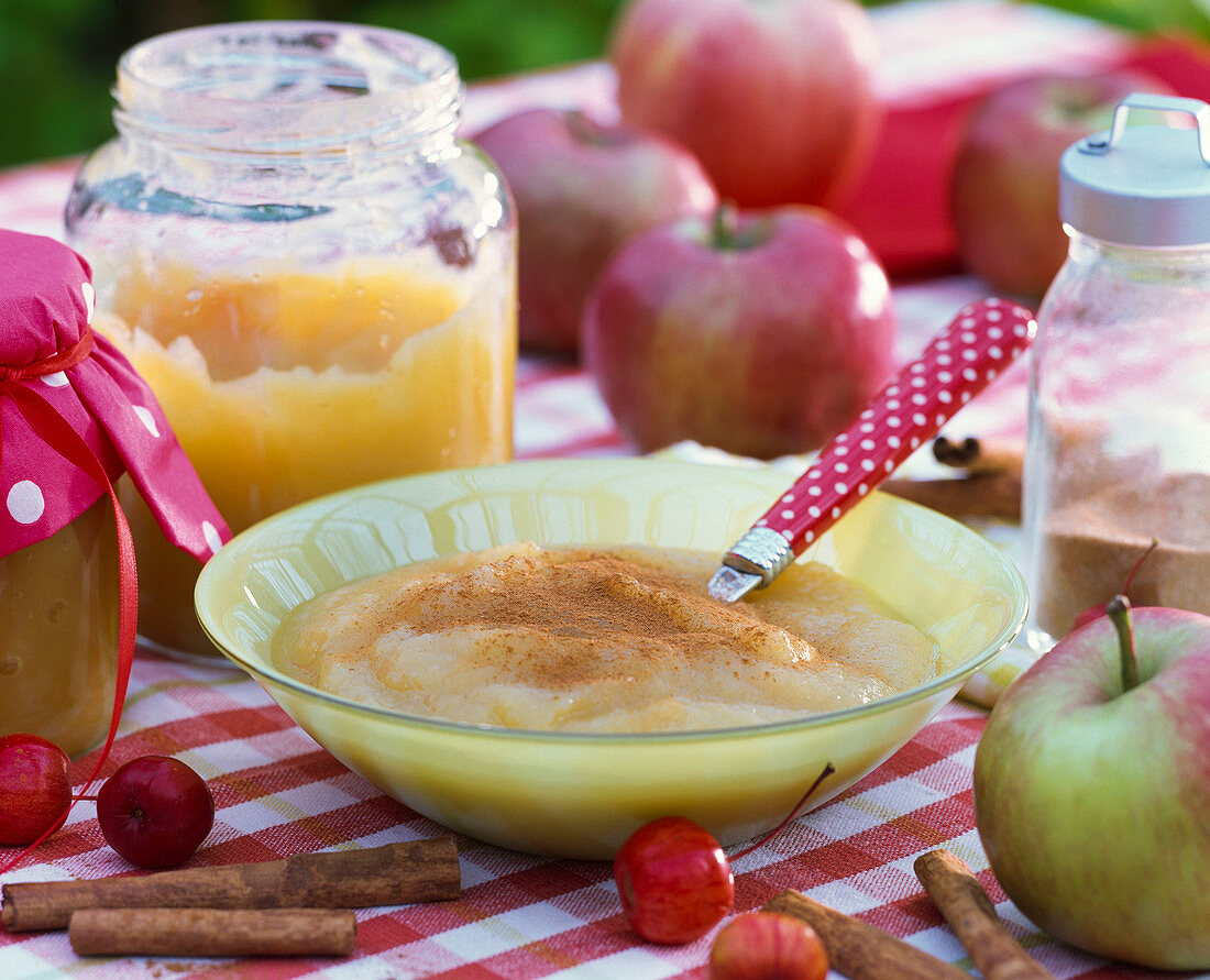 Applesauce out of malus (apples) with cinnamon in bowl, spoon