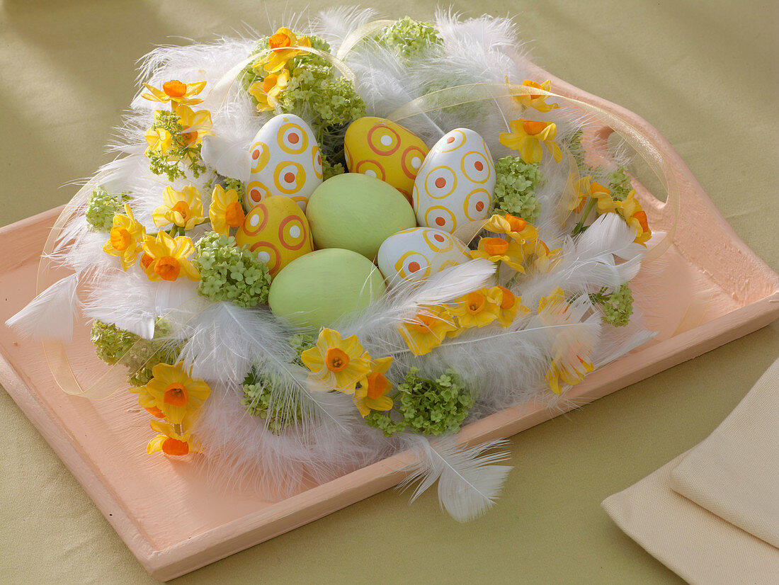 Easter wreath made with Narcissus (narcissus), viburnum (snowball)