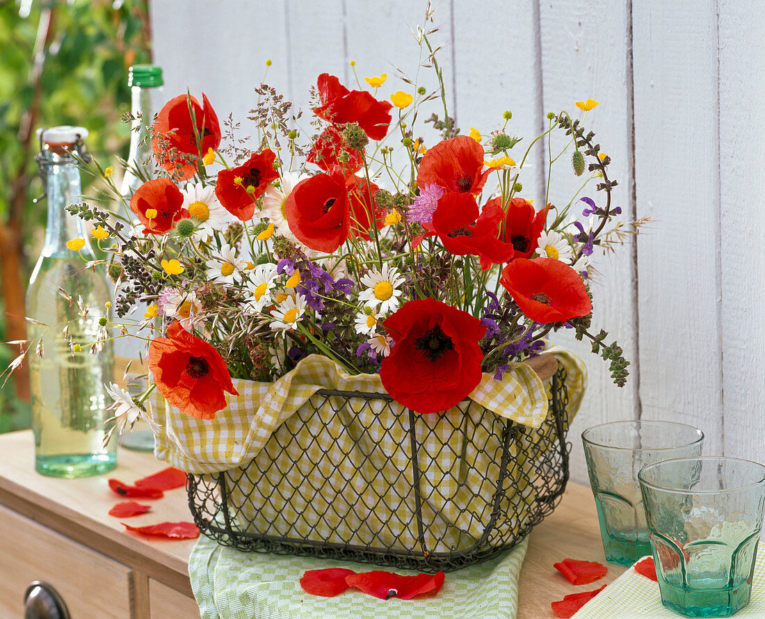 Meadow basket with Papaver, Leucanthemum, Salvia