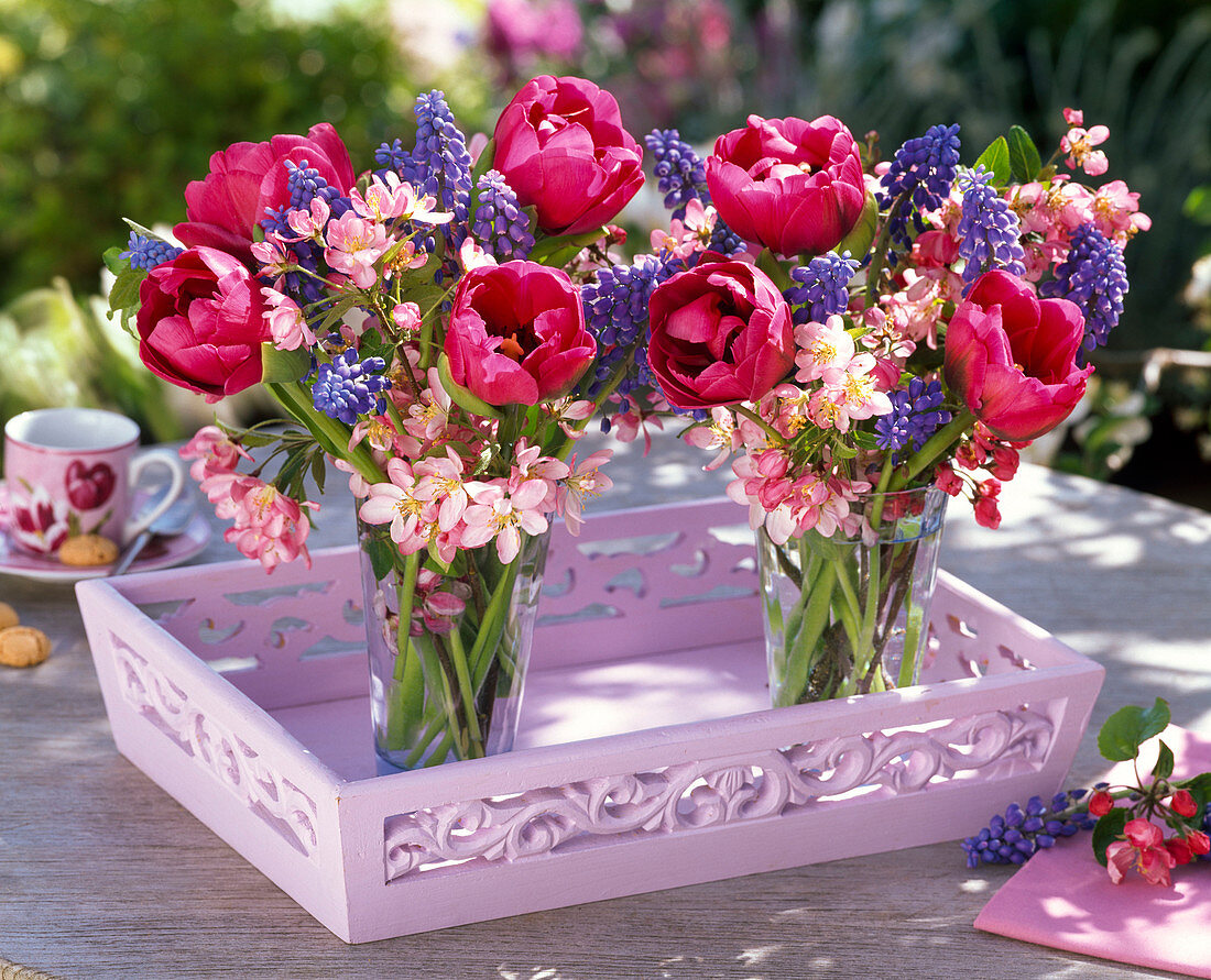 Small tulipa, muscari, malus bouquets