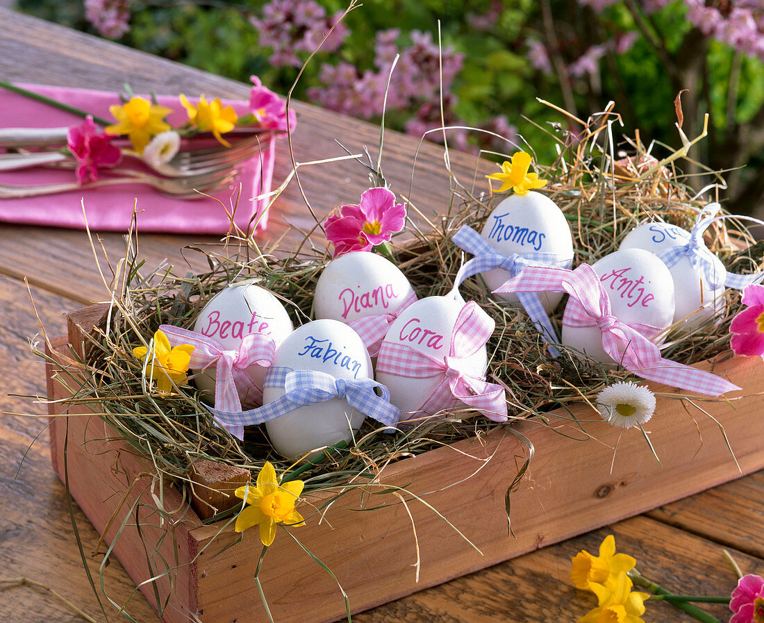 Easter eggs with ribbon and name 'Beate' 'Fabian' 'Diana' 'Cora' 'Thomas'