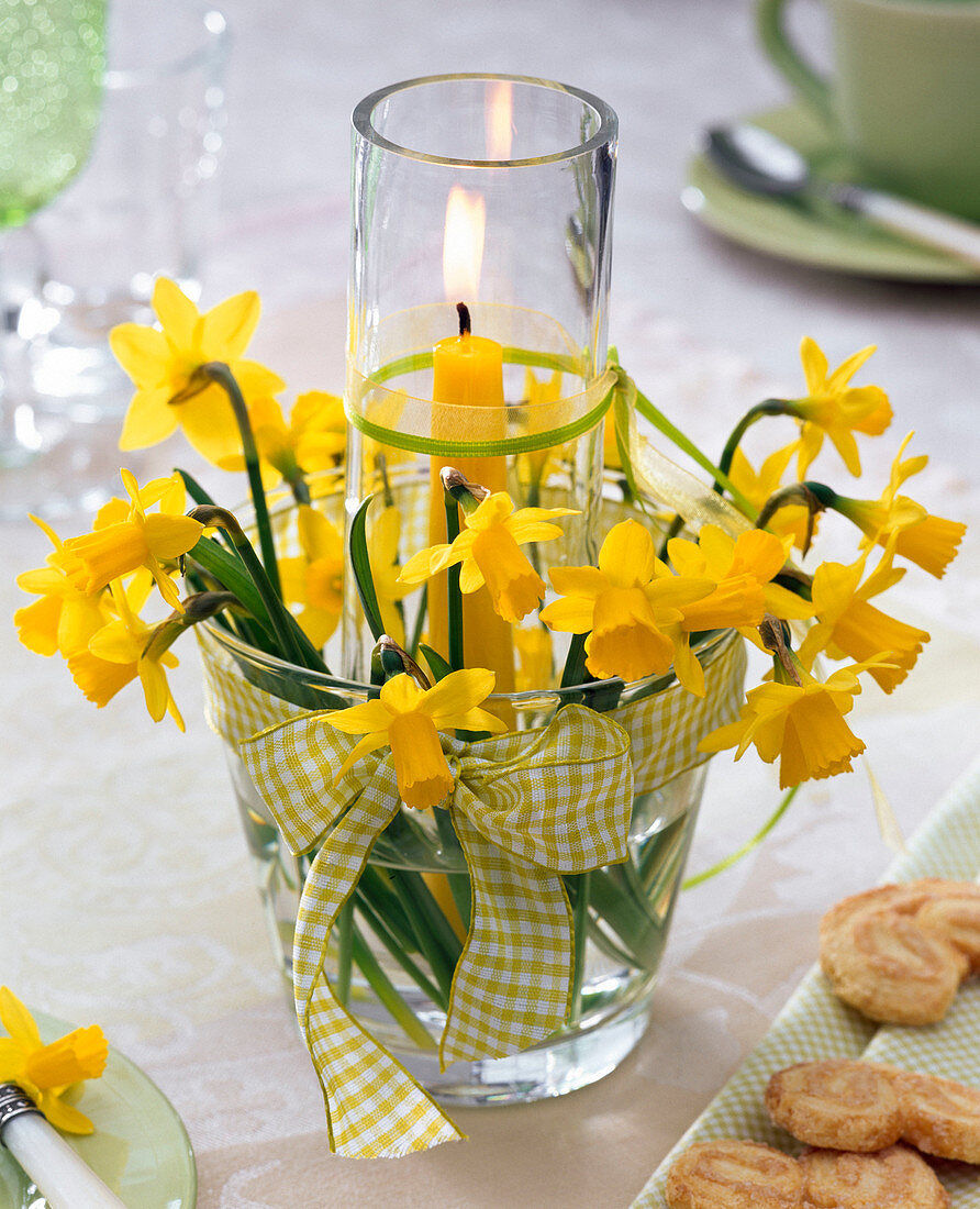 Windlicht aus zwei ineinandergestellten Gläsern mit Narcissus (Narzissen)