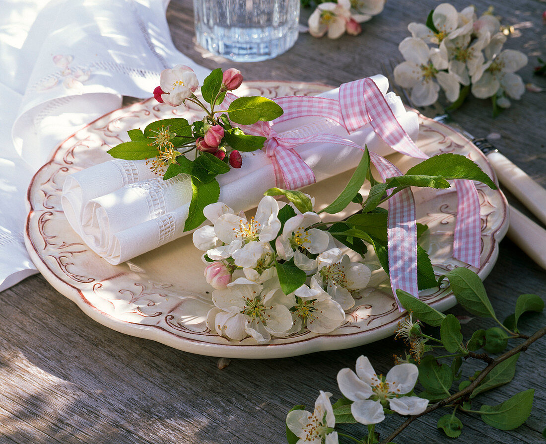 Napkin decoration with flowers of Malus (apple)