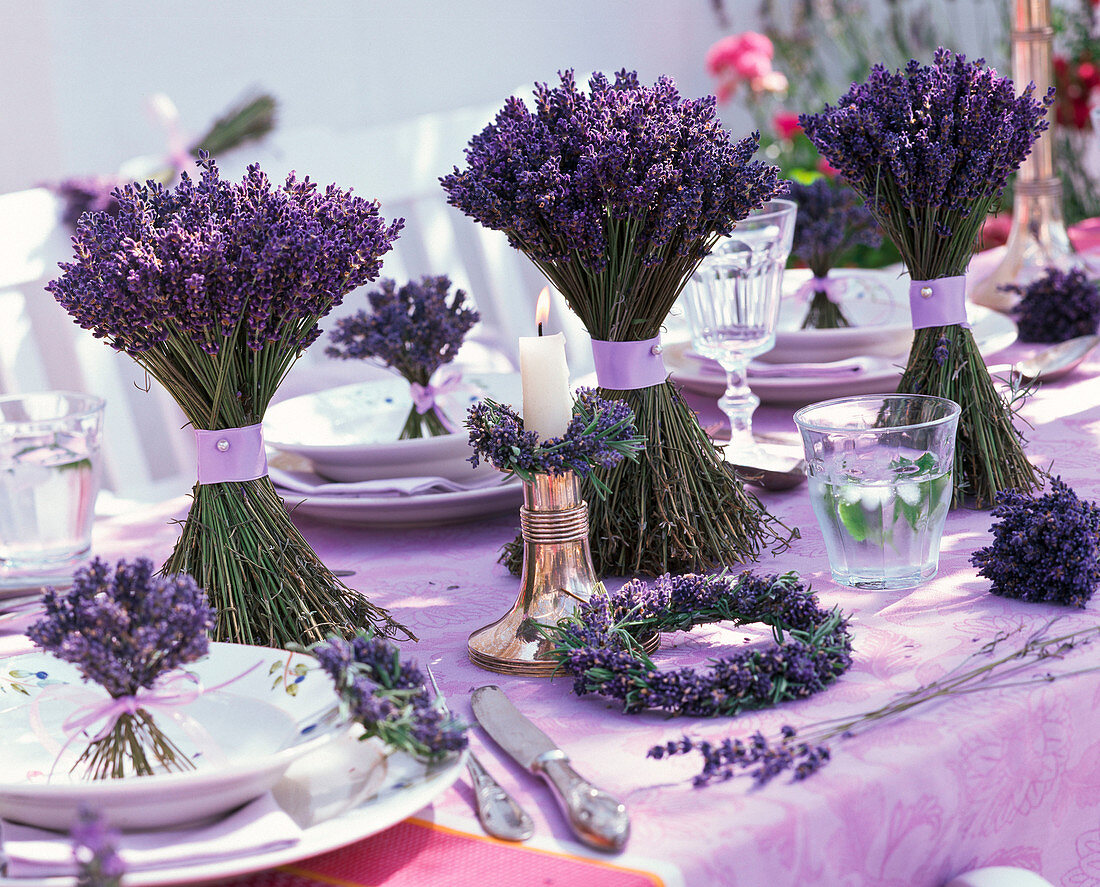 Table decoration with bouquets of lavandula, lavender wreath