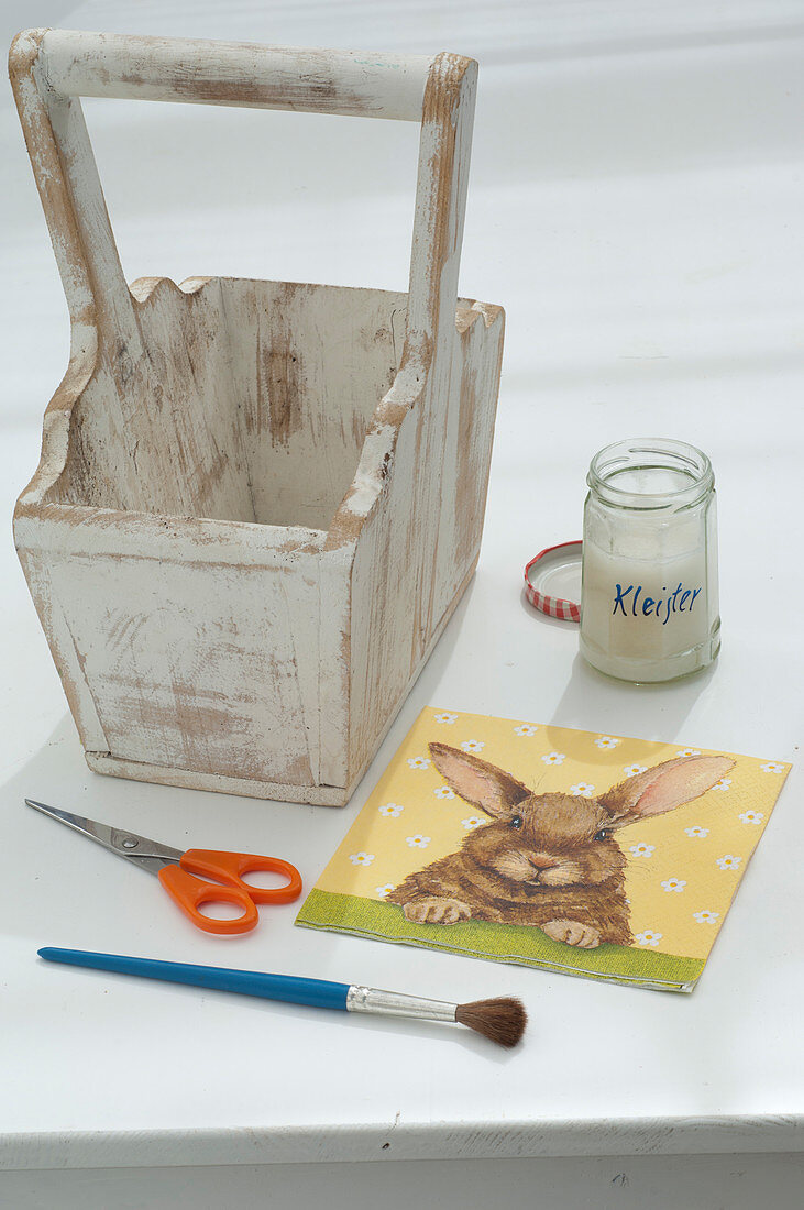Wooden basket with napkin technique hare