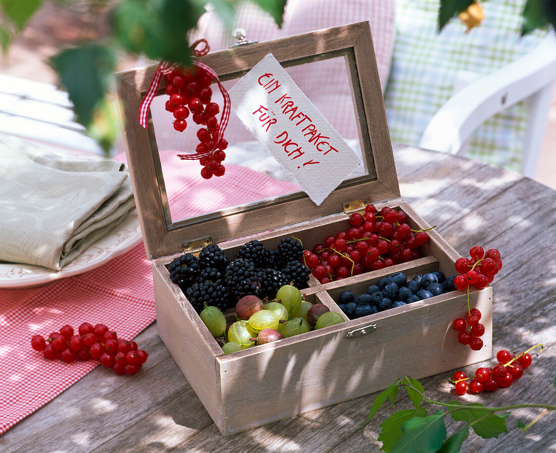 Gift with berries in small wooden box
