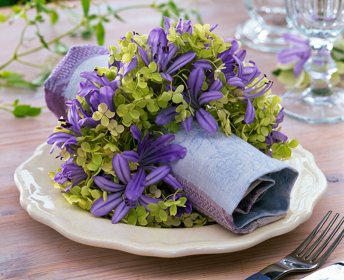 Napkin ring of Agapanthus and Hydrangea