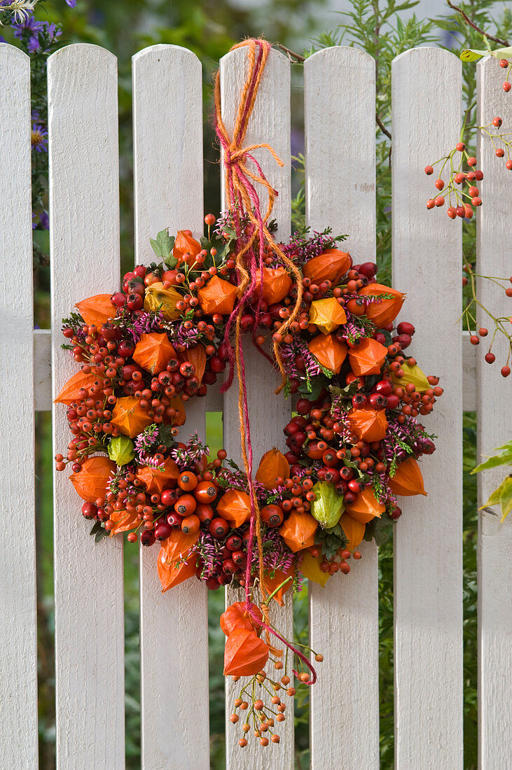 Kranz aus Rosa (Hagebutten), Physalis (Lampions), Calluna (Besenheide)