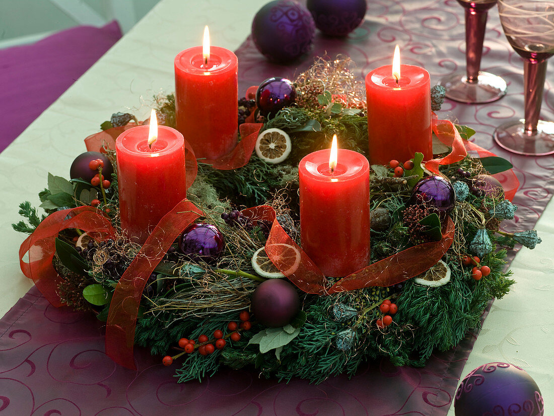 Mixed Advent wreath with Cupressus (cypress), Chamaecyparis