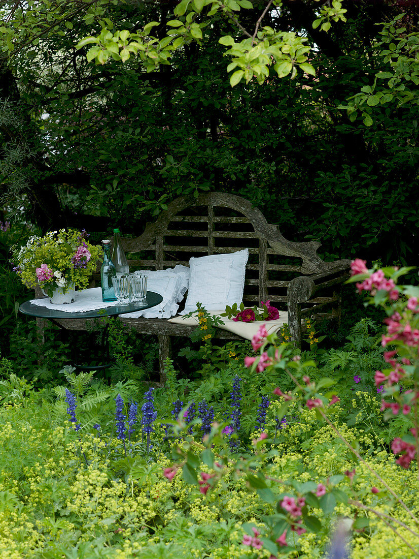 Romantischer Sitzplatz unter Sanddorn (Hippophae) und Apfelbaum (Malus)