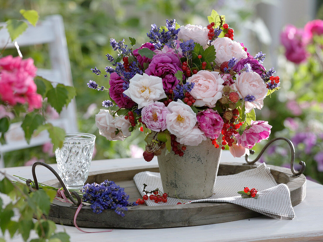 Fragrance bouquet of pink (scented roses), Lavandula (lavender), Hydrangea