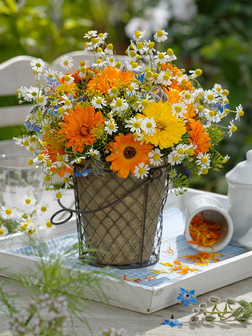 Herb bouquet of marigold, chamomile, fennel and borage
