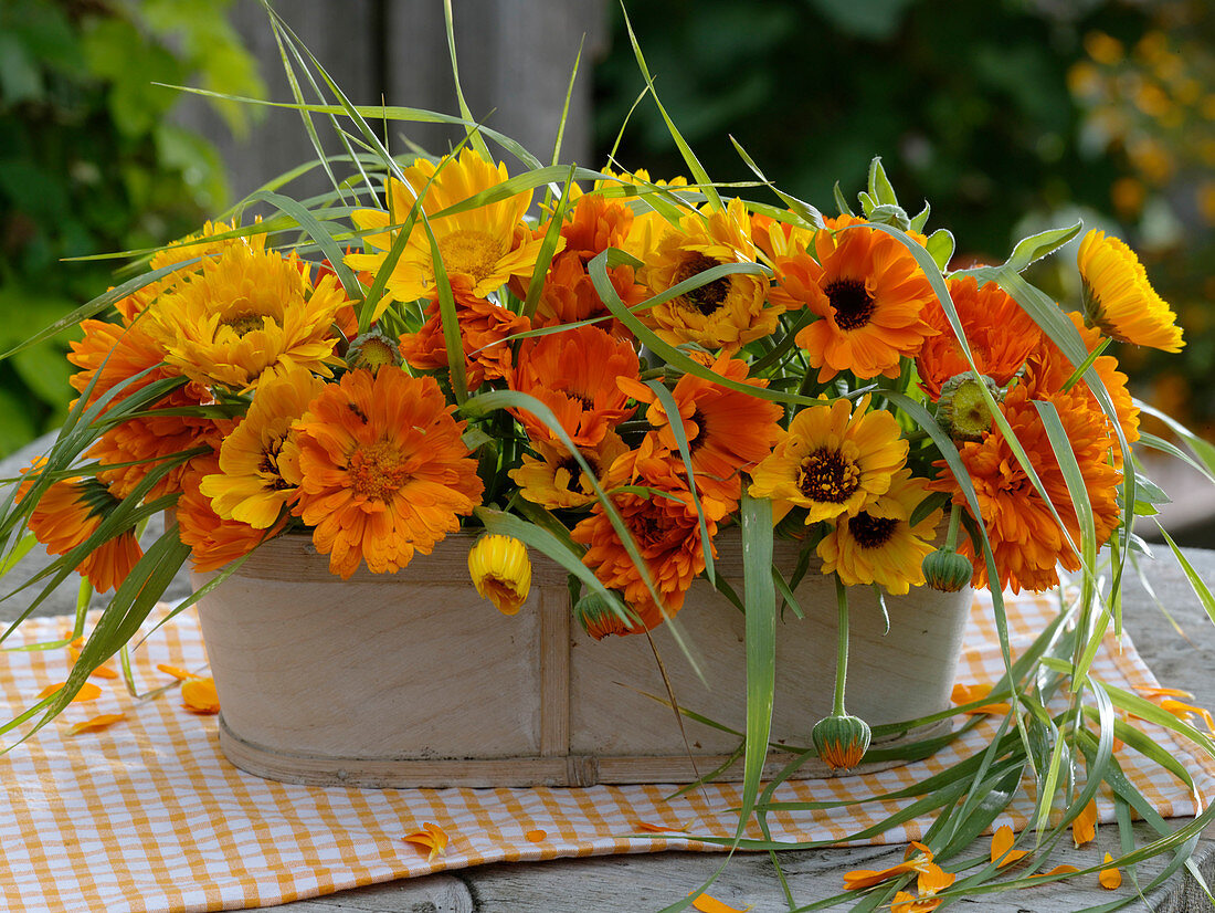 Holzjardiniere mit Calendula (Ringelblumen) und Gräsern