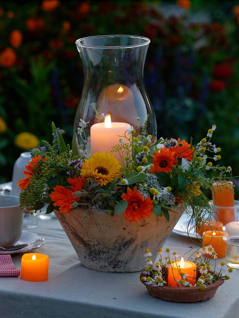 Orange arrangement with lantern