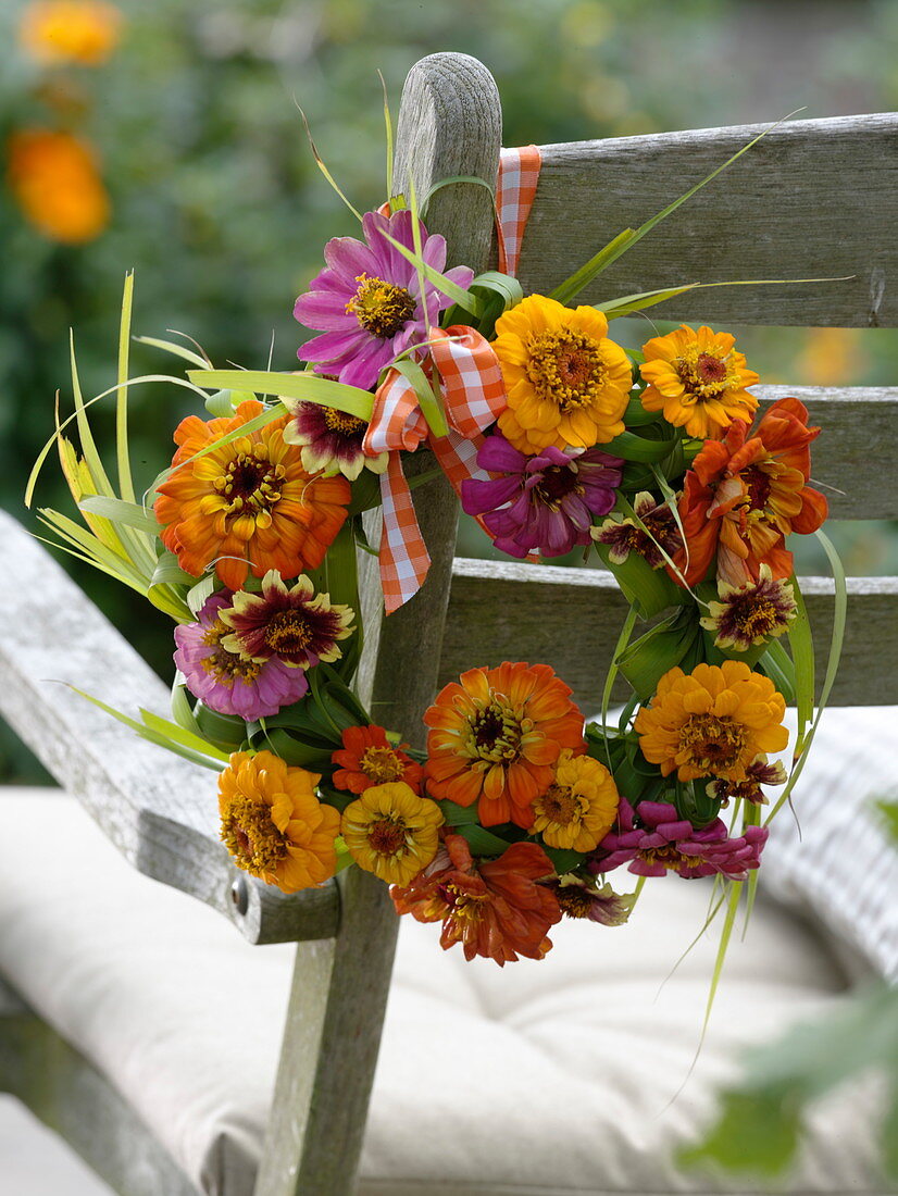 Late summer wreath of zinnias and grasses