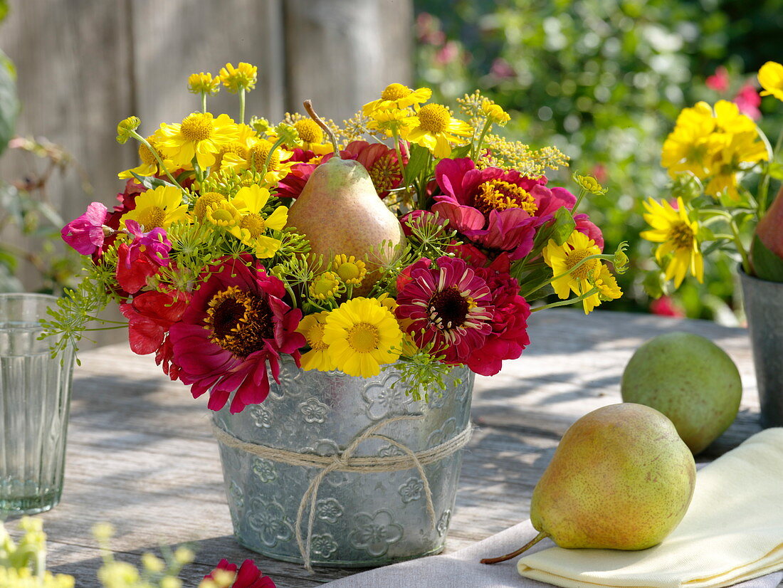 Red-yellow late summer bouquet with pear