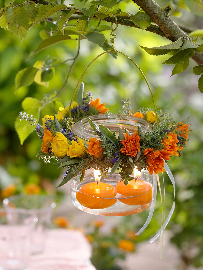 Mason Jar lantern with herb wreath