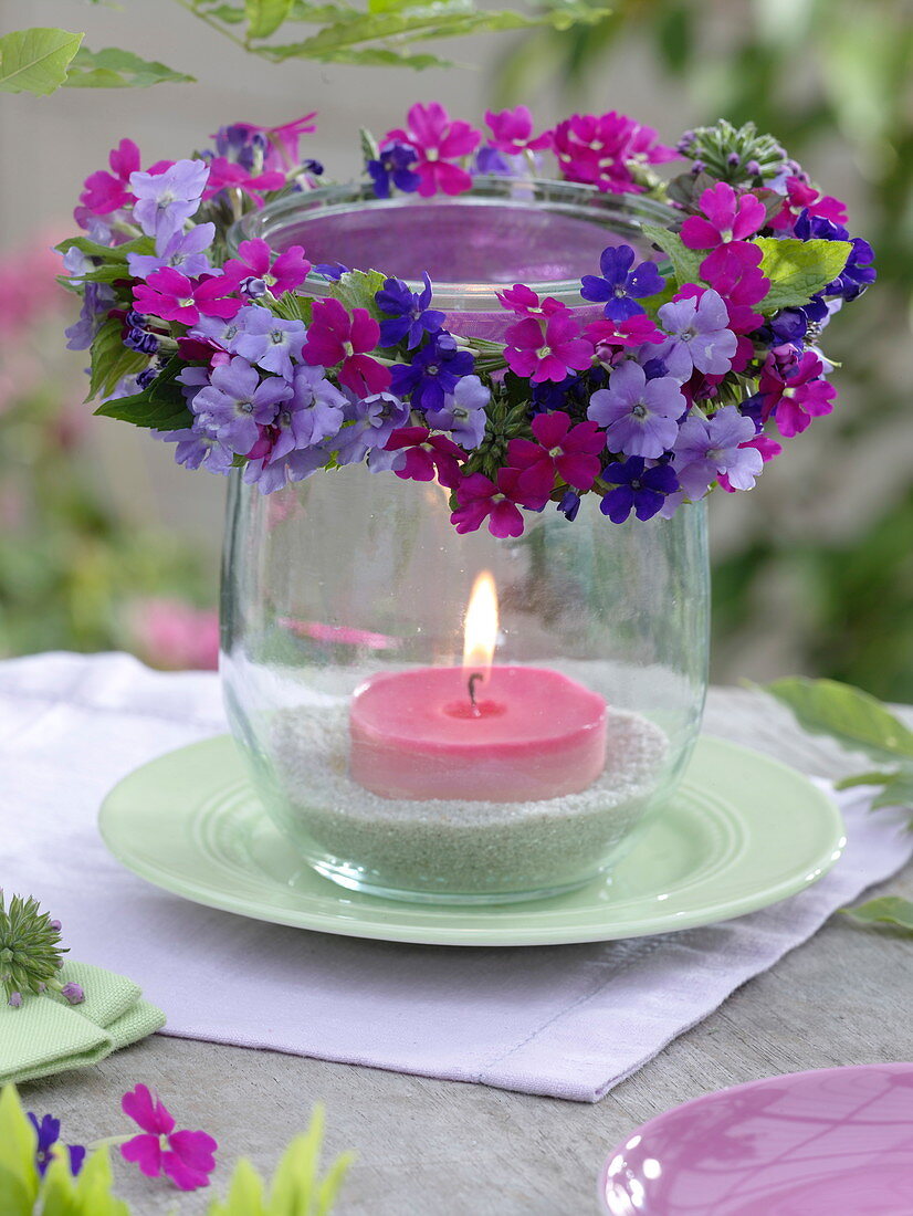 Lantern with a small wreath of verbenas and mint