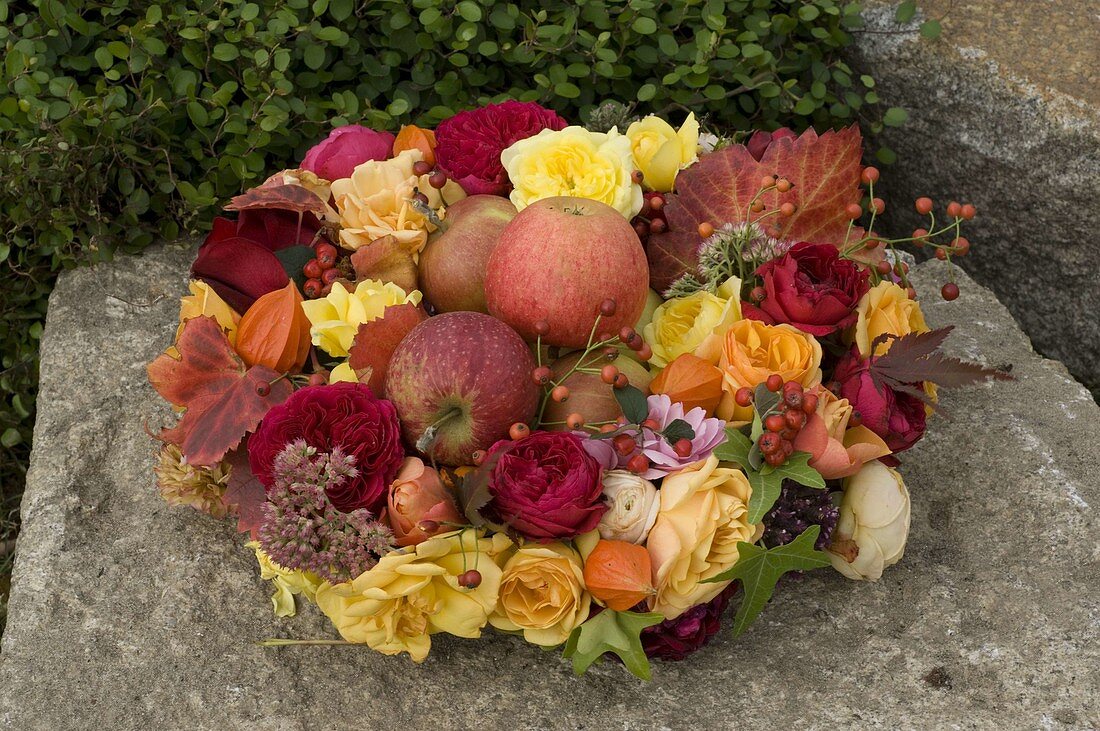 Herbstlicher Kranz aus Rosen mit Äpfel gefüllt