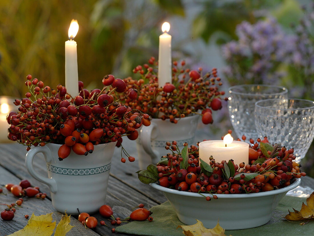 Planters filled with rosehips and candles