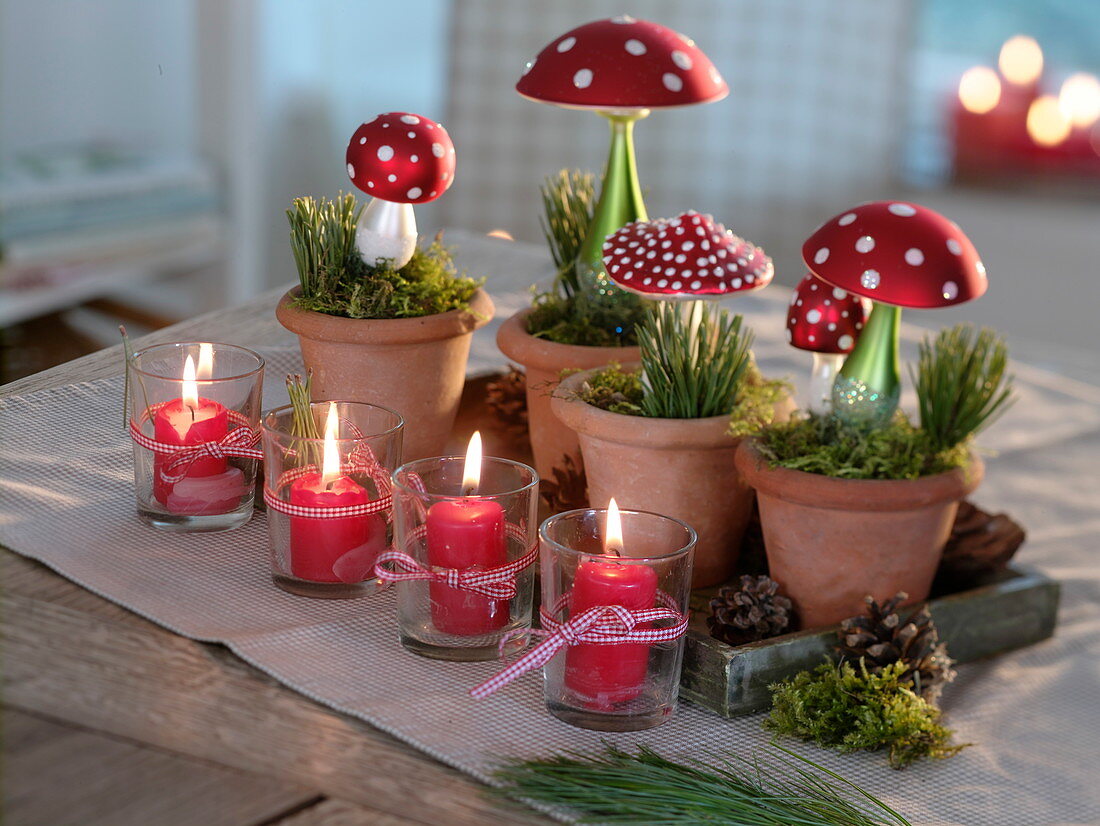 Fly agaric made of glass in clay pots with pinus (pine)