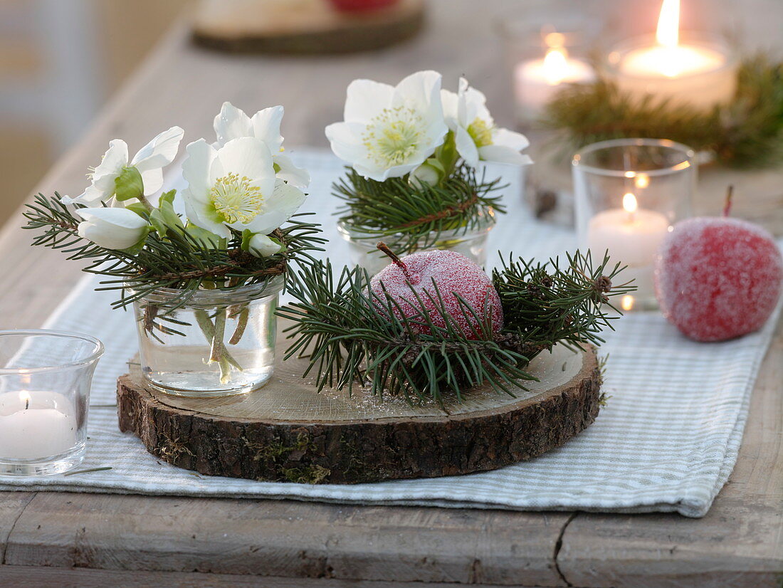 Kleine Sträuße aus Helleborus niger (Christrosen), Zweige von Picea