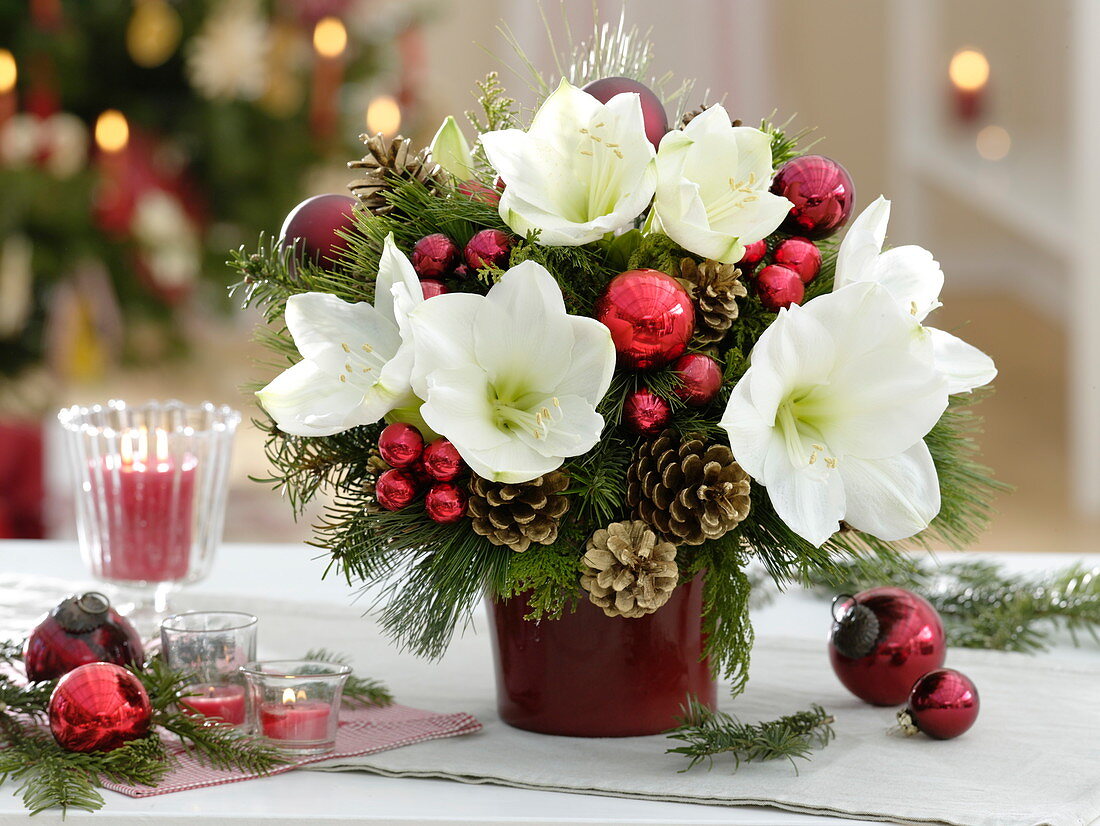 Weihnachtsstrauß mit weißer Amaryllis und Koniferengrün